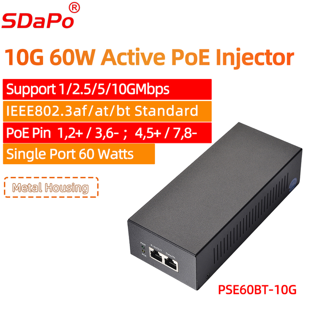 PSE60BT-10G PoE++ 10Gbps 단일 포트 60W PoE 액티브 인젝터