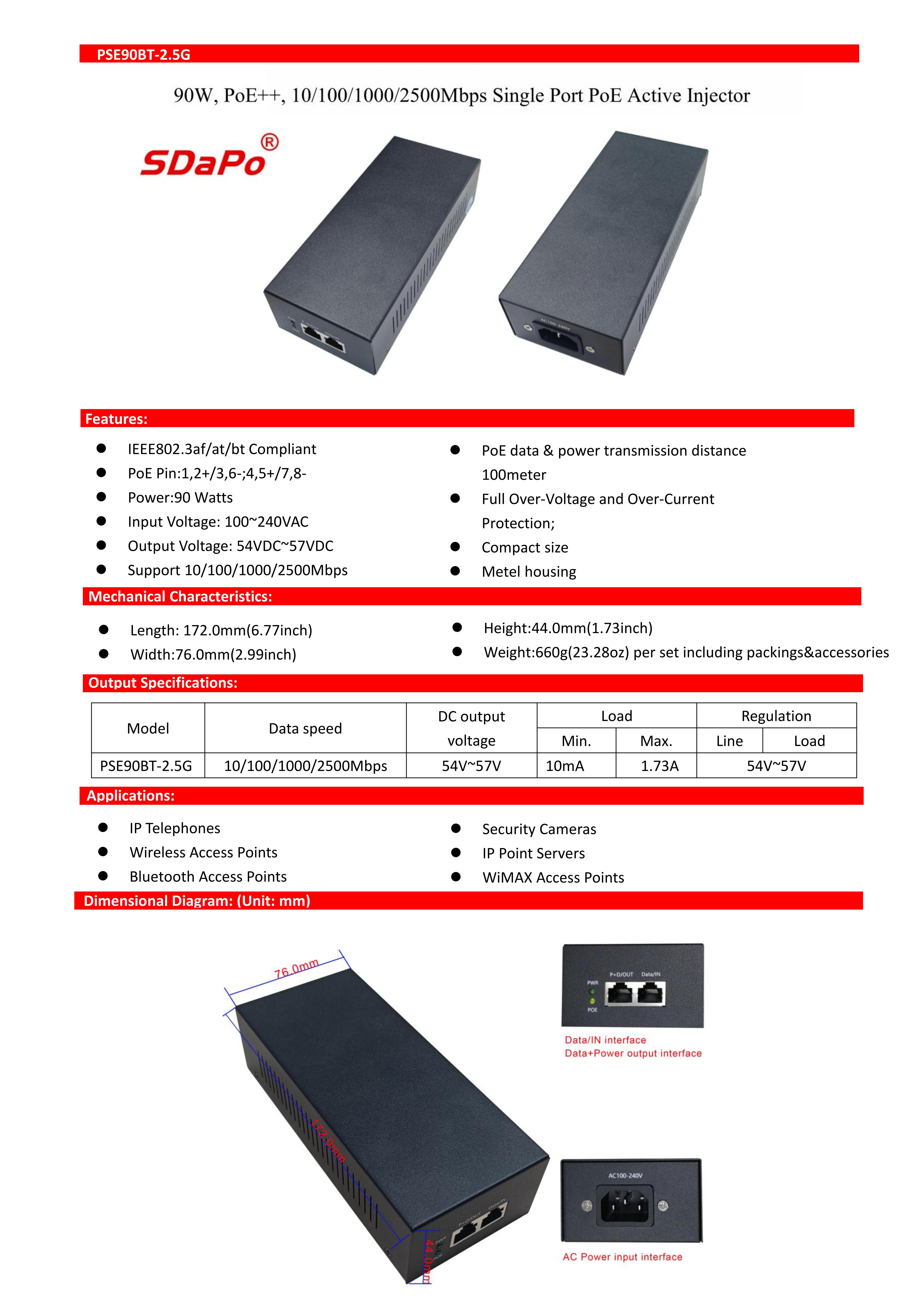 PSE90BT-2.5G PoE++ 2,5 Gbps enkele poort 90 W PoE actieve injectoren