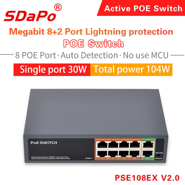 PSE108EX V2.0 PSE0820FD-E Switch de rede PoE de 8 portas