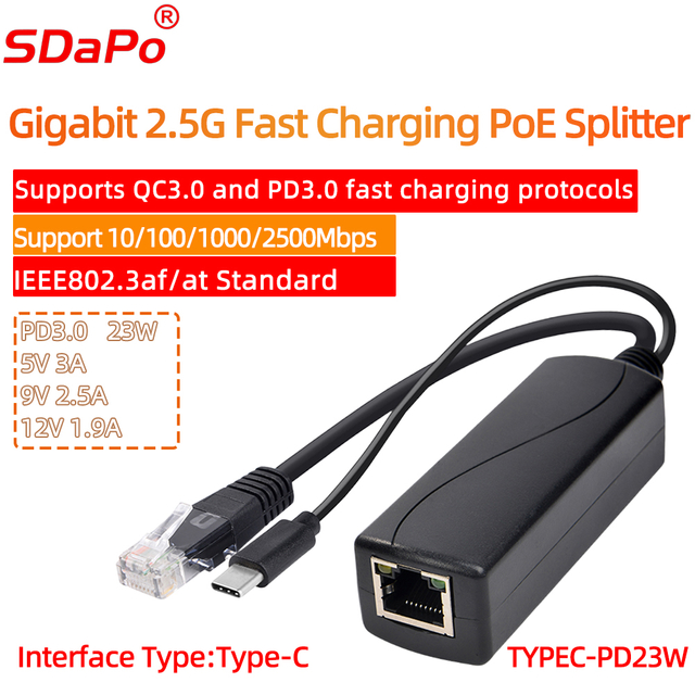 TYPEC-PD23W 2.5G QC3.0 PD3.0 Hurtigopladningsstandard IEEE802.3at Gigabit Ethernet PoE Splitter